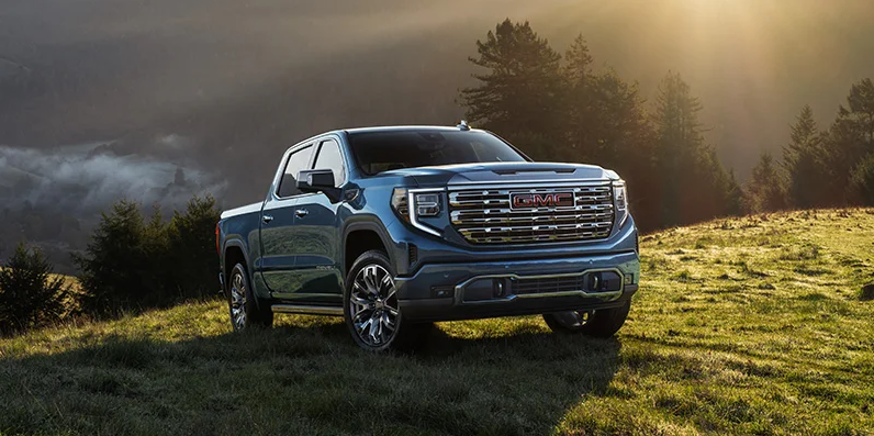 A photo of a blue 2025 GMC Sierra 1500 parked on a grass field.